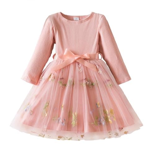 NNJXD Baby Girl Flower Embroidery Tulle Long Sleeve Dress Elegant Toddler Birthday Party Dresses 2126 Pink Size(5Y)