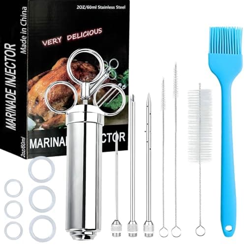 PEOUWNES 304-Stainless Steel Meat Injector Syringe Kit with 3 Marinade Needles for BBQ Grill Smoker, Turkey, Beef, Brisket, Fish, 2-oz Large Capacity, Silicone Brush and Cleaning Brush