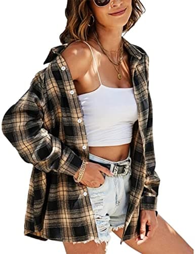 Mingzhu Oversized Plaid Flannel Shirts for Women Long Sleeve Casual Button Down Tops Blouse(0003-Khaki-M)