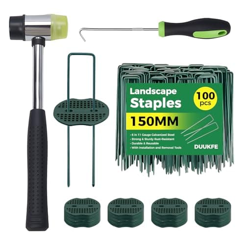 6 Inch Landscape Fabric Staples, 100Pcs Garden Stakes Galvanized +100Pcs Gasket +Pick Hook +Rubber Mallet, U Shaped Weed Barrier Stakes 11 Gauge Lawn Staples Landscape Pins for Yard, Sod, Weed Mat