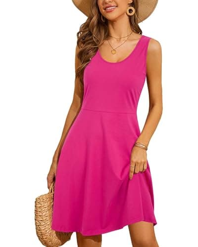 STYLEWORD Pink Dress for Women 2026 Summer Casual Crew Neck A Line Skater Party Holiday Dress Vacation Outfits(Rose,M)