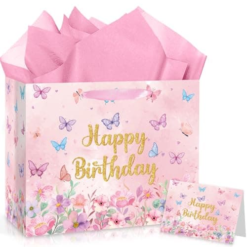 Innovoscape Butterfly Birthday Gift Bag for Girls Women Pink Butterfly Gift Bag with Wrapping Paper Card Spring Birthday Party Decorations for Floral Bday Welcome Spring Party Baby Shower Supplies