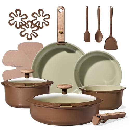 CAROTE Ceramic Cookware Set, Pots and Pans Set Non Stick with Detachable Handle, RV Kitchen Cooking Set, Induction & Oven Safe, PFAS and PFOA Free, Pistachio Green 19 Pcs
