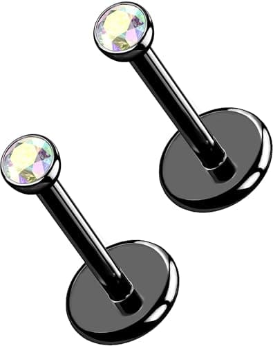 OUFER 2Pcs Black AB Nose Studs, 20G G23 Solid Titanium Threadless Stud Earrings Flat Back Tiny CZ 2MM Nose Helix Cartilage Tragus Conch Piercing Jewelry-5MM