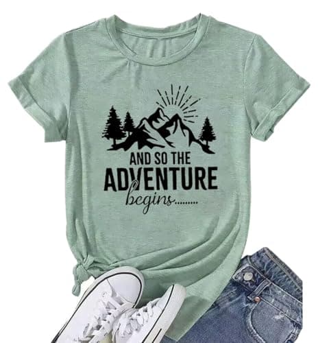 Adventure Begins T-Shirt for Women Hiking Camping Summer Shirt,Duck Green M