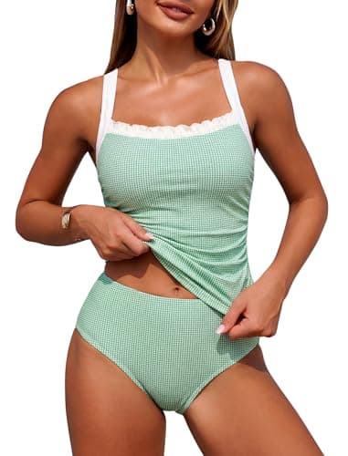 ZAFUL Tankini Swimsuits for Women Bathing Suits Ruched Full Coverage Slimming Two Piece Tummy Control Swim Suits Green Gingham XL