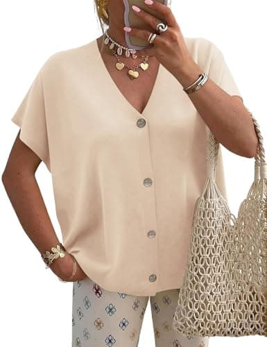 LOMON Oversized Sweaters for Women Summer Trendy V Neck Cap Sleeve Casual Knitted Button Lightweight Cardigan Sweater Ladies 2026 Short Sleeve Vest Top Apricot