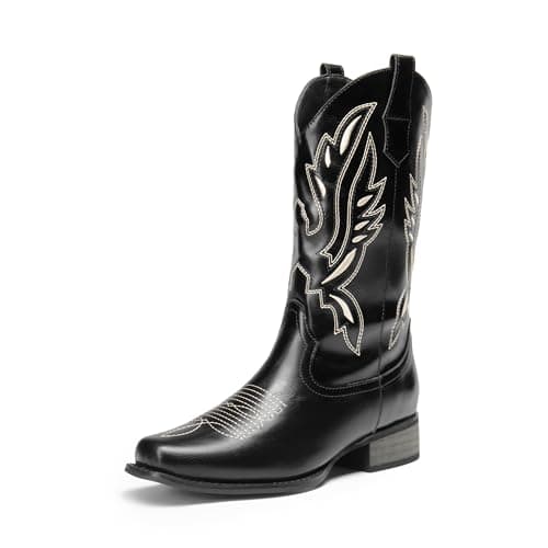 DREAM PAIRS Women's Square Toe Cowboy Cowgirl Boots Pull On Low Chunky Heel Mid Calf Western Boots with Embroidered Stitched for Theme Party Country Concert,Size 6.5,Black-1,SDMB2220W