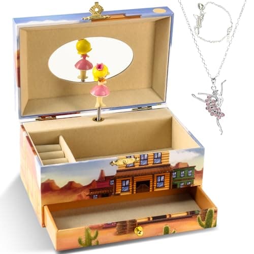 Cipherwest Western Cowgirl Jewelry Music Box for Girls, Plays “Over the Rainbow”, Desert Theme Musical Treasure Box with Necklace & Bracelet Set, Kids Storage Organizer Gift