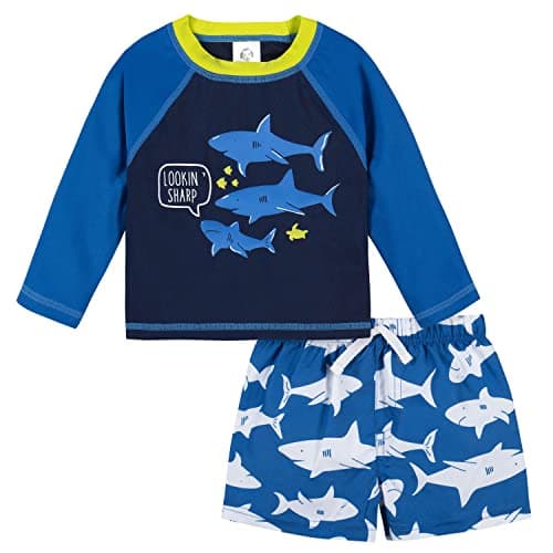 Gerber Baby Boys Baby Toddler Long Sleeved Rashguard Swim Bathing Suit Set Blue and White Sharks 0-3 Months