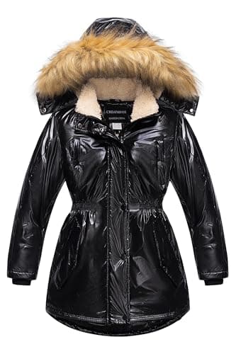 CREATMO US Girl's Long Thicken Winter Coats Comfy Sherpa Puffy Kids Parka Windproof Faux Fur Hooded Youth Ski Jacket Shine Black 6-7