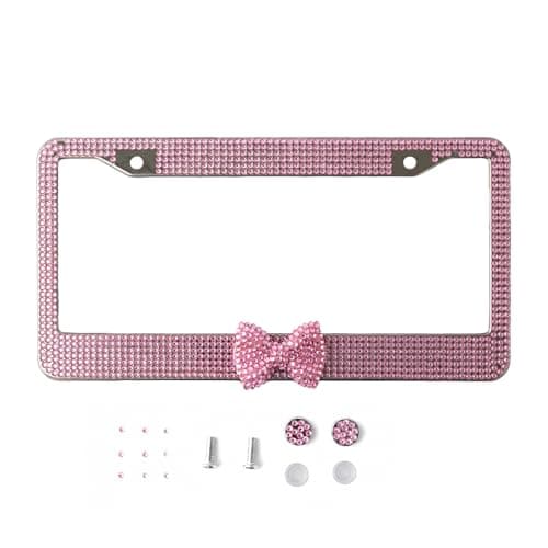 YUYUDEHM Sparkly Rhinestone Car Tag Covers, Stainless Steel License Plate Frame, Bling License Plate Frame for Women with Screws (Pink+Pink Bow)