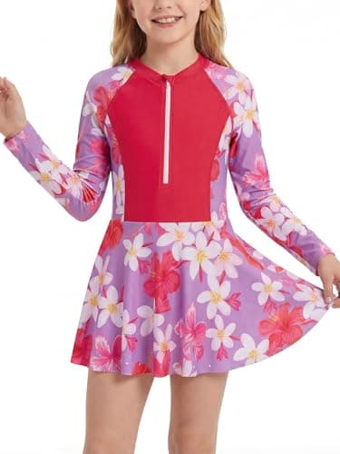 JiAmy Girls One Piece Swimsuits Rash Guard Swim Dress Floral 4-5Y