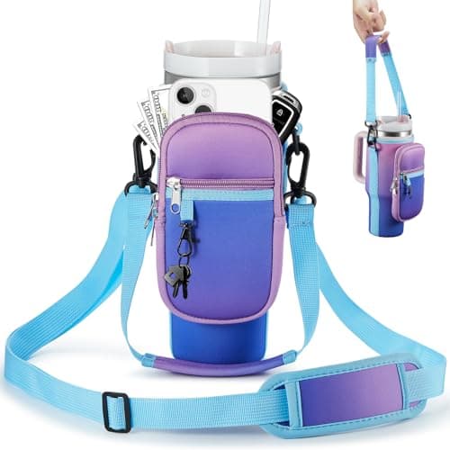 BULKITEM 30oz Water Bottle Carrier Bag with Phone Pocket for Pink Blue Gradient Stanley 30 oz Tumbler with Handle, Insulated Neoprene Cup Holder Pouch Strap for Valentines Stanley Cup Accessories