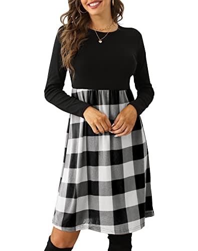 PALINDA Women's Plaid Long Sleeve Empire Waist Pleated Loose Swing Casual Flare Midi Dress with Belt Black(S,Black,5616)