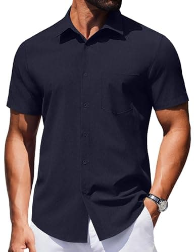 COOFANDY Mens Button Down Shirt Short Sleeve Business Casual Shirts Regular Fit Textured Summer Breathable Mens Tops Dark Blue