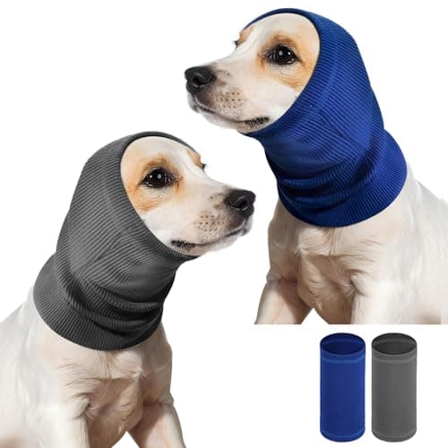2 Pcs Dog Calming Hoodie Anxiety Relief Dog Ear Wrap Cover Noise Protection Dogs Ears Cover Soft Elastic Neck Band Noise Cancelling Ears Muffs Dogs Head Wrap for Calming Pet Neck Ear (Blue + Gray, M)
