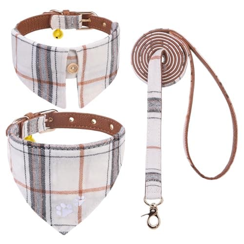 EXPAWLORER Dog Collar and Leash Set - Embroidery Pawprints Plaid Dog Leash and Collars, Cute Bandana and Detachable Collar, Suitable for Small Medium Dogs Girl Boy, Cream S-M