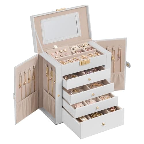 SONGMICS 5-Layer Jewelry Box Organizer with 4 Drawers, Jewelry Storage Case with Lock and Mirror, Large Storage Capacity, Gift for Loved Ones, for Necklaces, Watches, Cream White UJBC153WD01S