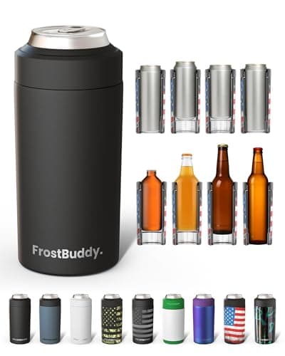 Frost Buddy Universal Can Cooler - Fits All - For Regular 12 & 16 oz or Slim-Size Bottles - Insulated Double-Walled Stainless Steel (MatteBlack)