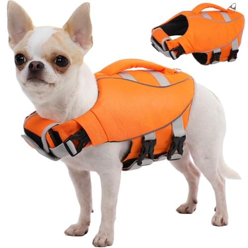 Kuoser Dog Life Jacket for Swimming & Boating, High Flotation Dog Swim Vest with Reflective Stripes & Rescue Handle, Lightweight Doggie Water Vest for Small, Medium & Large Dogs, XS