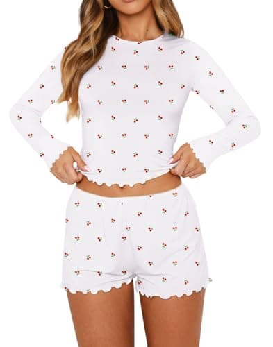 Lacozy Womens Fall Pajama Set 2 Piece Cute Cherry Pjs Set Woman Sexy Y2K Long Sleeve Nightwear Lounge Set White XL