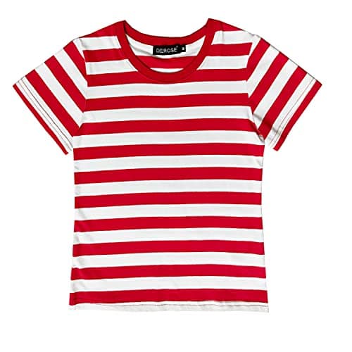 Red White Striped Costume Shirt Unisex Kids Halloween Big Girls Short Sleeve Summer Casual Tee 11-12 Years