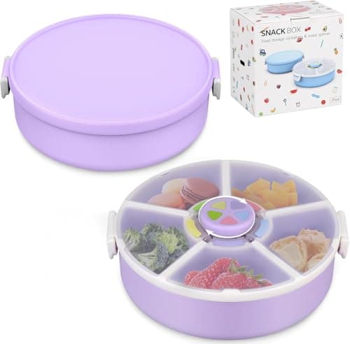JOOPETALK Kids' Rotating Snack Container Set – 2-Pack, Includes 1 Rotating Snack Container & 1 Round Sectioned Snack Box, BPA-Free, Dishwasher Safe, Perfect for Travel-Purple Set