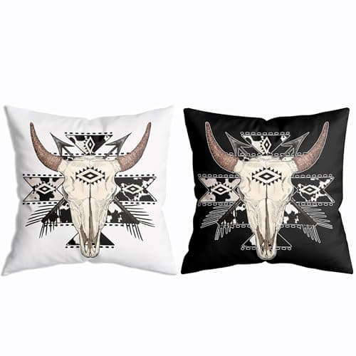 ZNGFON Boho Cow Aztec Western Bull Skull Throw Pillow Covers 18x18 Set of 2 ，Boho Cow Aztec Western Decor Two Piece Pillow case
