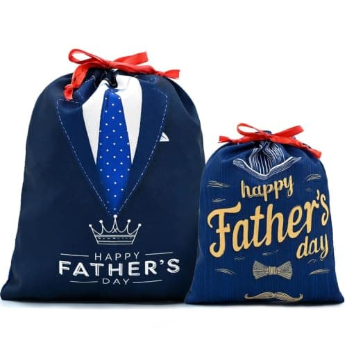 Mshutbna Dark Blue Happy Father's Day Gift Bags 2pcs Reusable Fabric Drawstring Gift Wrapping Bag for Presents Wrapping Party Decorations Holiday Favors 16x12 12x10 inches