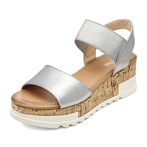 DREAM PAIRS Womens Open Toe Elastic Strap Casual Flatform Platform Wedges Sandals,Size 5,Silver,REED-2