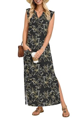 AUSELILY Sundresses for Women Wrinkle Free Casual Travel V Neck Split Sleeveless Loose Long Maxi Dress with Pockets 2026 Black Gold Leaf S