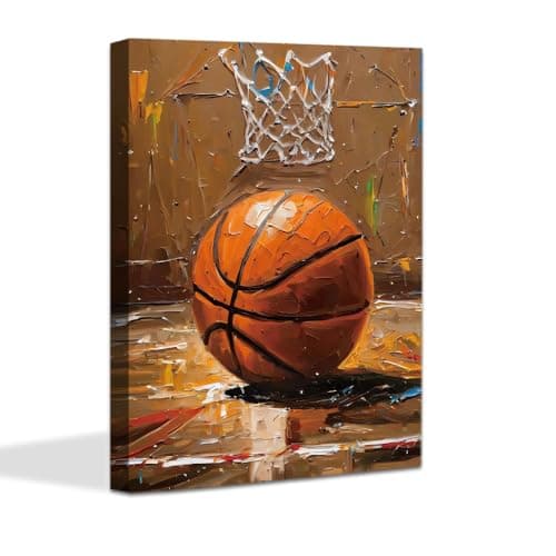 TANXM Textured Basketball Court Wall Art, Retro Basketball Sports Canvas Print, Rustic Man Cave Decor for Basketball Lovers, Framed Ready to Hang 12x16 Inch