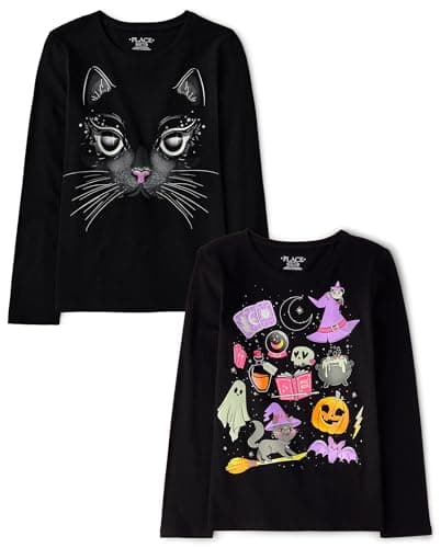 The Children's Place,Girls,All Holidays Long Sleeve Graphic T-Shirts,Multipacks,Black Cat/Halloween Doodle Print 2-Pack,X-Large