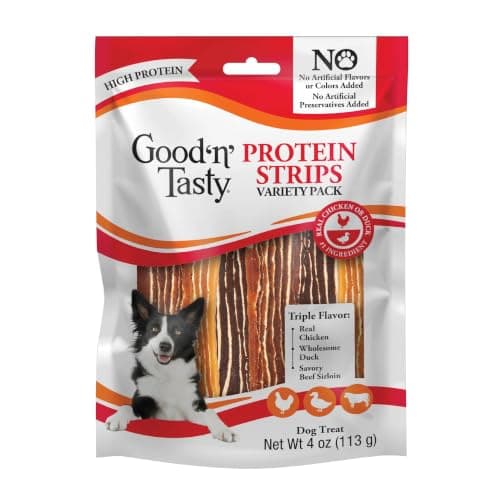 Good’n’Tasty Protein Strips Variety Pack, 4 Ounces, High-Protein Dog Treat Real Chicken Duck Sirloin