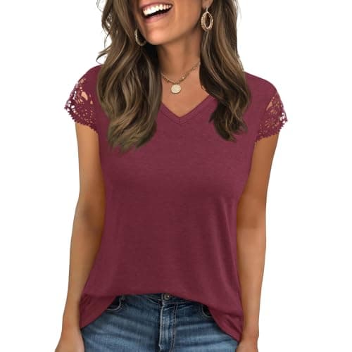 Womens Tops V Neck Short Sleeve T Shirts Womens Summer Tops Casual Soft Basic Lace Tops Spring Summer Tees Clothes 2026 Wine Red