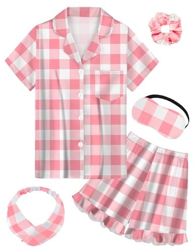 ALHAVONE Kids Silk Pajamas Girls Satin Pajamas 2 Pcs Girls Ruffle Pjs Set (Pink White Plaid, 150)
