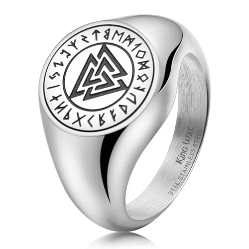King Will Silver Signet Runes Rings, Men's Wedding Rings Unique Vintage Wedding Band for Men Women Comfort Fit and Durable, Size 10