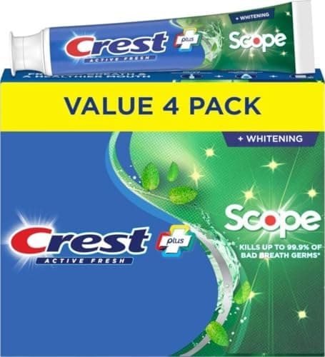 Crest + Scope, Active Fresh, Teeth Whitening Toothpaste for adults, 5.5oz 4 pack, Bad Breath Treatment, Breath Freshner, for Sensitive Teeth, Deep Stain remover, Travel Size Toiletries
