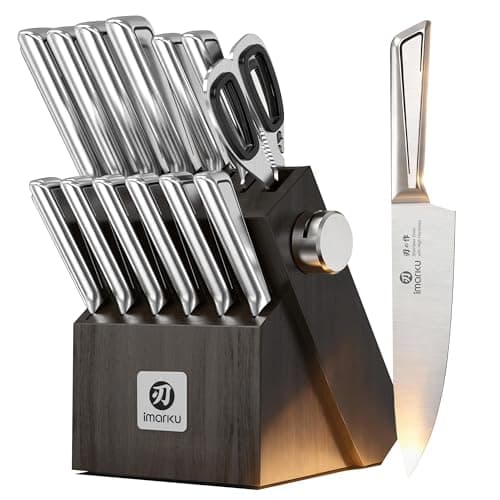 imarku Japanese High Carbon Stainless Steel Knife Set with Block, Precision-Forged Gyutou Kitchen Knives with Built-in Sharpener, Ultra-Sharp 10–15° Edge, Ergonomic Non-Slip Handle, Dishwasher Safe