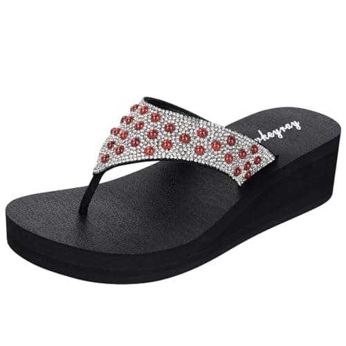 Lowkeyray Women's Rhinestone Flip-Flop Sandals (Red, Adult, Women, 8, Numeric, US Footwear Size System, Medium)