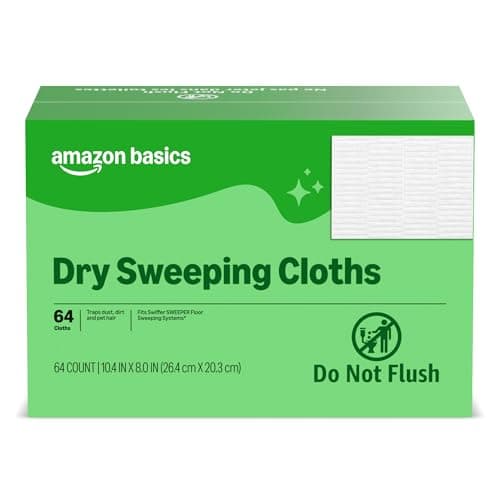 Amazon Basics Dry Sweeping Cloths for Floor Cleaning, Pet Hair, Dust, Dirt, Multi-Surface, Disposable, Fits Swiffer Sweeper Mop Heads, 64 Count, Packaging May Vary
