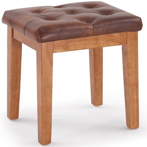 MILCIL Ottoman Vanity Wooden Stool with Padded Seat, Faux Leather Brown