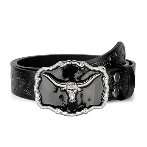 UpFind Western Leather Belts for Men Black Cowboy Longhorn Buckle Belt for Jeans Vintage Floral Embossed Country Belt