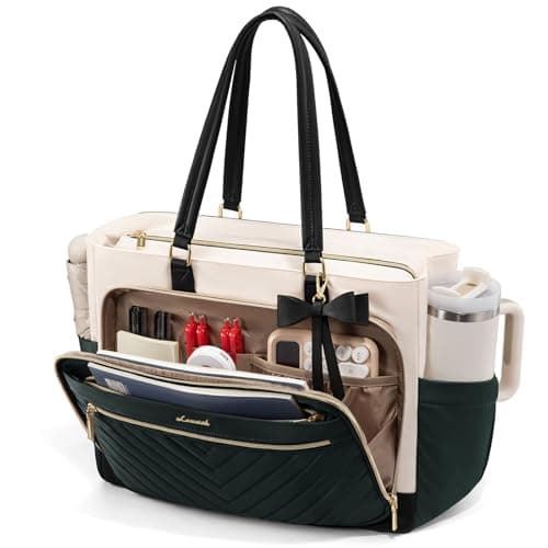 LOVEVOOK Lunch Bag, Insulated Lunch Tote Bag with Laptop Compartment, Large Capacity Work Tote, Water Reasistant Handbag Insulated Bag Leakproof for Teacher, Nurse, Dark Green-Beige-Black, 15.6 Inch