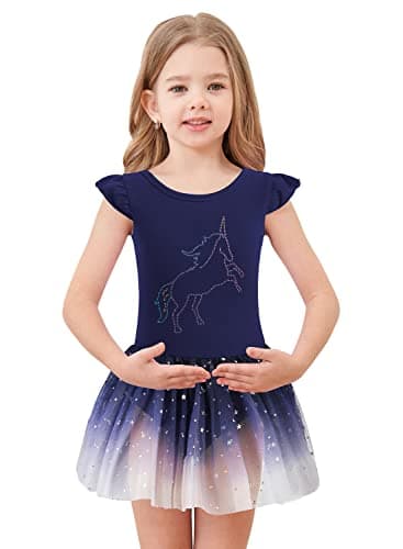EQSJIU Unicorn Ballet Leotards with Tutu for Girls Toddlers Dance Cotton Tulle Skirts Dress 3-4T Darkblue