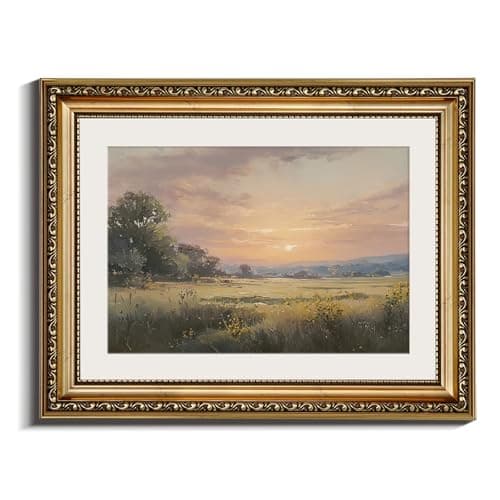 InSimSea Gold Framed Wall Art, Vintage Country Landscape Canvas Print, Sunset Meadow Wildflower Oil Painting, Rustic Farmhouse Wall Decor for Living Room Bedroom Bathroom, 11x14 Inch