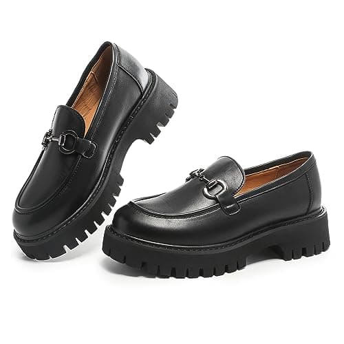 MACNMEUU Chunky Platform Loafers - Women's Chunky Heel Lug Sole Slip Ons - Round Toe with Chain, Size 7
