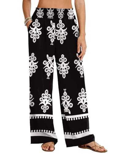 LOMON Palazzo Pants for Women Casual Wide Leg Summer Flowy Pants Beach Vacation Clothes 2026 Boho Travel Lounge Trousers with Pockets Black Floral