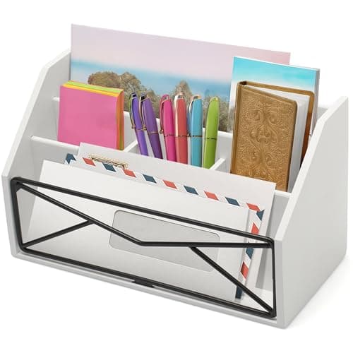 Prosumer's Choice Bamboo Desk Organizer – White Powder-Coated Natural Bamboo Mail Organizer for Countertop - Wooden Desktop Organizer for Mail, Files, Letters, and Tabletop Storage